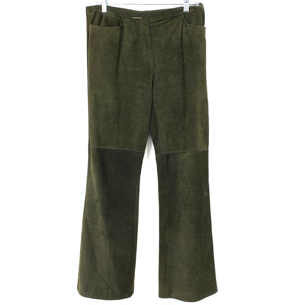 Y2K Vintage Illia Suede Leather Bootleg Pants Womens Size 10 Low Rise Dark Green